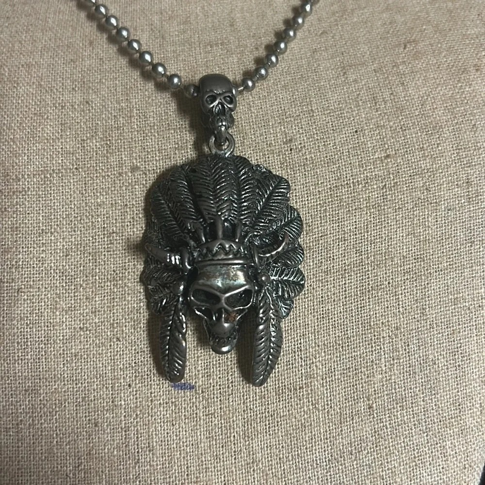 Silver Skull Feather Pendant‎ Necklace Stainless